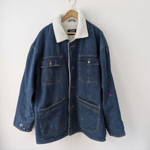 Vintage Avant Garde Men's Blue Denim Jacket Coat with Sherpa Lining Size  XL